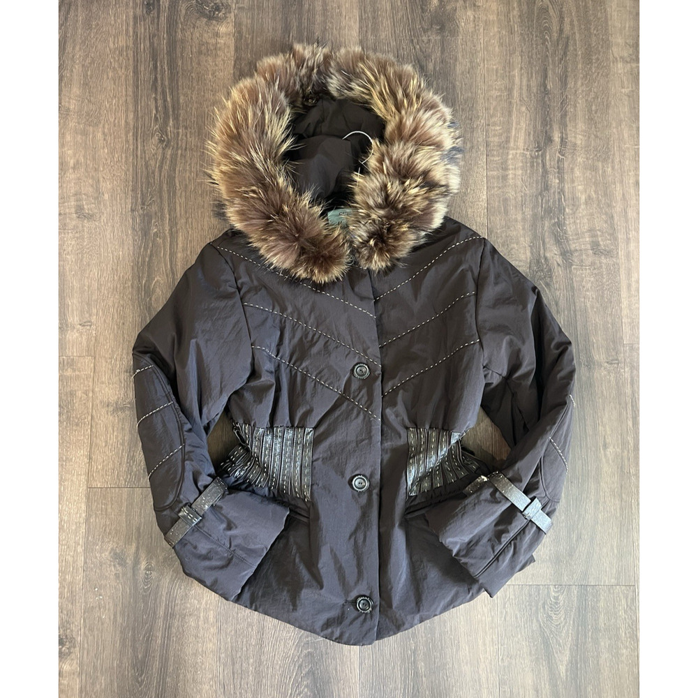 Vtg Y2K Guess Marciano Quilted Raccoon Fur Hood Puffer Jacket Leather SZ 46 SKI